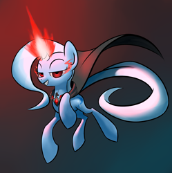 Size: 2480x2489 | Tagged: safe, artist:underpable, character:trixie, alicorn amulet, cape, clothing, corrupted, glowing horn, grin, magic, simple background, sombra eyes