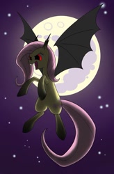 Size: 723x1105 | Tagged: safe, artist:underpable, character:flutterbat, character:fluttershy, species:bat pony, species:pony, bat ponified, fangs, hilarious in hindsight, moon, night, race swap, stars, vampire