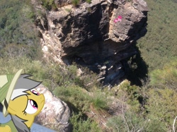 Size: 1024x765 | Tagged: safe, artist:didgereethebrony, character:daring do, character:pinkie pie, australia, blue mountains, didgeree collection, in which pinkie pie forgets how to gravity, irl, katoomba, mlp in australia, photo, pinkie being pinkie, pinkie physics, ponies in real life, three sisters