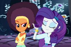 Size: 3000x1962 | Tagged: safe, artist:ktd1993, artist:thebarsection, edit, character:rarity, character:saffron masala, character:tree of harmony, my little pony:equestria girls, afro, female, lesbian, raffron, shipping, tree of harmony