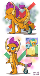 Size: 468x900 | Tagged: safe, artist:uotapo, character:ocellus, character:smolder, species:changeling, species:dragon, species:reformed changeling, episode:horse play, g4, my little pony: friendship is magic, blushing, clothing, costume, cute, dragoness, fangs, female, genius, pony costume, prosthetic butt, smiling, smolderbetes, wheel, wikihow