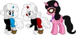 Size: 1109x505 | Tagged: safe, artist:8-bitspider, artist:kurisha-chan, artist:user15432, base used, oc, oc:aaliyah, species:alicorn, species:pony, species:unicorn, aaliyah, alicorn oc, alicornified, amulet, black shirt, blue nose, clothing, crossover, cuphead, cuphead (character), glasses, gloves, jewelry, long sleeve shirt, long sleeves, mugman, necklace, ponified, race swap, red nose, shoes, shorts, simple background, studio mdhr, transparent background
