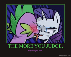 Size: 600x480 | Tagged: safe, artist:kianamai, edit, character:rarity, character:spike, ship:sparity, demotivational poster, disgusted, female, horrified, kilala97 is trying to murder us, kissing, male, meme, poster, shipping, straight, tongue out