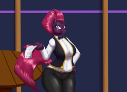 Size: 4812x3500 | Tagged: safe, alternate version, artist:badgerben, artist:blues64, character:tempest shadow, species:anthro, species:pony, species:unicorn, series:the bottled night, my little pony: the movie (2017), big breasts, bill, breasts, broken horn, busty fizzlepop berrytwist, busty tempest shadow, clothing, eye scar, female, hand on hip, looking at you, mare, scar, solo, table, waitress