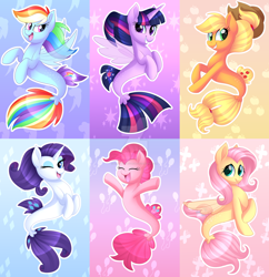 Size: 1600x1653 | Tagged: safe, artist:scarlet-spectrum, character:applejack, character:fluttershy, character:pinkie pie, character:rainbow dash, character:rarity, character:twilight sparkle, character:twilight sparkle (alicorn), species:alicorn, species:pony, species:seapony (g4), my little pony: the movie (2017), abstract background, clothing, cowboy hat, cutie mark background, eyes closed, female, hat, looking at you, mane six, mare, one eye closed, seaponified, seapony applejack, seapony fluttershy, seapony pinkie pie, seapony rainbow dash, seapony rarity, seapony twilight, species swap, watermark, wink