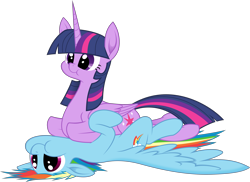 Size: 6000x4371 | Tagged: safe, artist:magister39, artist:underpable, character:rainbow dash, character:twilight sparkle, character:twilight sparkle (alicorn), species:alicorn, species:pegasus, species:pony, :t, absurd resolution, aweeg*, behaving like a cat, cute, dashabetes, duo, female, floppy ears, mare, on back, on top, pony pile, prone, puffy cheeks, simple background, smiling, spread wings, transparent background, twiabetes, wings