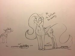 Size: 1280x960 | Tagged: safe, artist:greyscaleart, character:fluttershy, character:rainbow dash, species:pegasus, species:pony, about to have tail sucked into a roomba, bonk, description is relevant, dialogue, female, floral head wreath, flower, grayscale, looking at you, mare, monochrome, onomatopoeia, rainbow dash is not amused, roomba, roombashy, sitting, traditional art, unamused, vrrr