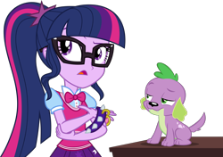 Size: 4894x3448 | Tagged: safe, artist:aqua-pony, artist:red4567, edit, editor:slayerbvc, character:spike, character:spike (dog), character:twilight sparkle, character:twilight sparkle (scitwi), species:dog, species:eqg human, equestria girls:forgotten friendship, g4, my little pony: equestria girls, my little pony:equestria girls, accessory-less edit, bow tie, collar, glasses, looking away, ponytail, simple background, spike's dog collar, transparent background, vector, vector edit