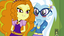 Size: 1920x1080 | Tagged: safe, artist:ktd1993, artist:mixiepie, edit, edited screencap, screencap, character:adagio dazzle, character:trixie, ship:triagio, episode:best trends forever, equestria girls:rainbow rocks, g4, my little pony: equestria girls, my little pony:equestria girls, best trends forever: twilight sparkle, blushing, dork, female, gem, glasses, lesbian, low res image, shipping, siren gem