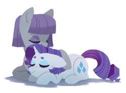 Size: 1674x1244 | Tagged: safe, artist:kianamai, character:maud pie, character:rarity, species:earth pony, species:pony, species:unicorn, kilalaverse ii, ship:rarimaud, beanbrows, clothing, cuddling, eyebrows, eyes closed, female, lesbian, mare, maudabetes, nuzzling, shipping, simple background, white background
