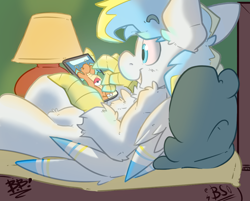 Size: 1000x804 | Tagged: safe, artist:bbsartboutique, artist:brimstonebro, oc, oc only, oc:cirrus sky, species:hippogriff, bed, cellphone, crossover, dragonite, lamp, lying down, phone, pillow, pokéball, pokémon, pokémon go, smartphone, smiling, talons