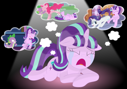 Size: 3548x2500 | Tagged: safe, artist:porygon2z, character:pinkie pie, character:rarity, character:spike, character:starlight glimmer, species:dragon, species:earth pony, species:pony, species:unicorn, ship:pinkiespike, spoiler:s05, abuse, crying, downvote bait, eyes closed, female, floppy ears, glimmerbuse, kick, kissing, male, mare, nightmare, open mouth, out of character, prone, shipping, shipping denied, slap, straight, thought bubble