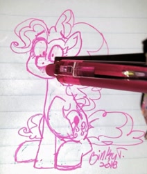 Size: 1615x1907 | Tagged: safe, artist:binkyt11, derpibooru original, character:pinkie pie, species:pony, abuse, eraser, erasing, female, i have no mouth and i must scream, lined paper, pen, pen drawing, pinkiebuse, sad, solo, traditional art