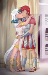 Size: 717x1113 | Tagged: safe, artist:thebrokencog, character:flash magnus, character:somnambula, species:human, ship:magnambula, g4, barefoot, breasts, clothing, eyes closed, feet, female, humanized, kissing, male, see-through, shipping, straight