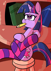 Size: 576x792 | Tagged: safe, artist:pembroke, character:twilight sparkle, species:pony, species:unicorn, book, clothing, crossed legs, female, golden oaks library, mare, mouth hold, pencil, sitting, socks, solo, stool, striped socks, thighlight sparkle, thunder thighs
