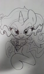 Size: 1232x2048 | Tagged: safe, artist:zev, character:trixie, alicorn amulet, bedroom eyes, grayscale, monochrome, smiling