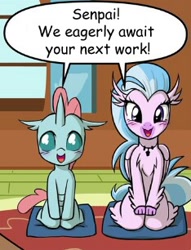 Size: 234x306 | Tagged: safe, artist:uotapo, edit, character:ocellus, character:silverstream, species:changeling, species:classical hippogriff, species:hippogriff, species:reformed changeling, anatomically incorrect, blushing, cropped, cute, dialogue, diaocelles, diastreamies, duo, horn, incorrect leg anatomy, jewelry, looking at you, mistranslation, necklace, seiza, senpai, sensei, smiling