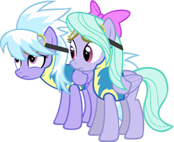 Size: 1244x1009 | Tagged: safe, artist:zacatron94, character:cloudchaser, character:flitter, species:pegasus, species:pony, clothing, duo, duo female, female, goggles, mare, simple background, sisters, standing, transparent background, uniform, vector, wonderbolt trainee uniform