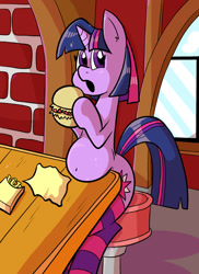 Size: 576x792 | Tagged: safe, artist:pembroke, character:twilight sparkle, species:pony, species:unicorn, belly, burger, clothing, eating, fat, female, food, hay burger, mare, socks, solo, striped socks, thigh highs, thighlight sparkle, thunder thighs, twilard sparkle, twilight burgkle