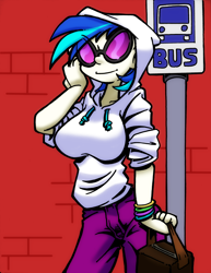 Size: 1700x2200 | Tagged: safe, artist:trollie trollenberg, colorist:ironhades, edit, character:dj pon-3, character:vinyl scratch, species:human, breasts, bus stop, busty vinyl scratch, clothing, color edit, colored, female, hoodie, humanized, solo