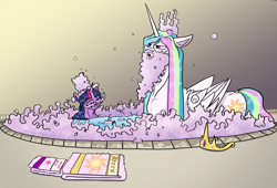 Size: 6800x4613 | Tagged: safe, artist:greyscaleart, character:princess celestia, character:twilight sparkle, species:alicorn, species:pony, absurd resolution, bath, beard, bubble bath, bubble beard, by celestia's beard, celestia's beard, clothing, crown, eyes closed, facial hair, fake beard, fake moustache, female, filly, filly twilight sparkle, hat, jewelry, majestic as fuck, momlestia, moustache, regalia, sillestia, silly, smiling, soap beard, soap bubble, teacher and student, the tiny apprentice, towel, wet mane, younger