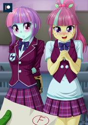Size: 707x1000 | Tagged: safe, artist:uotapo, character:sour sweet, character:sunny flare, oc, oc:anon, my little pony:equestria girls, adoraflare, arm behind back, begging, blushing, clothing, colored pupils, crystal prep academy uniform, cute, detention, duo, duo female, f, fallout, female, freckles, looking at you, offscreen character, open mouth, pipboy, plaid skirt, pleated skirt, ponytail, pov, school uniform, skirt, smiling, sourbetes, sunny flare's wrist devices, uotapo is trying to murder us, whoops