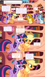 Size: 1280x2168 | Tagged: safe, artist:hakunohamikage, character:adagio dazzle, character:applejack, character:aria blaze, character:sonata dusk, character:twilight sparkle, character:twilight sparkle (alicorn), species:alicorn, species:pony, ask-princesssparkle, archaic, ask, comic, futhark, golden oaks library, ponified, runes, the dazzlings, tumblr