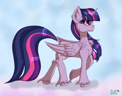 Size: 1729x1353 | Tagged: safe, artist:sintakhra, character:twilight sparkle, character:twilight sparkle (alicorn), species:alicorn, species:pony, chest fluff, dock, female, fluffy, gradient background, long mane, mare, solo, unshorn fetlocks