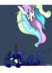 Size: 3703x5125 | Tagged: dead source, safe, artist:greyscaleart, character:princess celestia, character:princess luna, species:alicorn, species:pony, constellation, constellation freckles, cute, ethereal mane, female, freckles, galaxy mane, lunabetes, mare, messy mane, royal sisters, signature, sisters