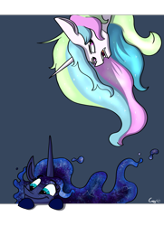 Size: 3703x5125 | Tagged: safe, artist:greyscaleart, edit, editor:yoshimon1, character:princess celestia, character:princess luna, species:alicorn, species:pony, constellation, constellation freckles, cute, ethereal mane, female, freckles, galaxy mane, illusion, lunabetes, mare, messy mane, royal sisters, signature, sisters, transparent