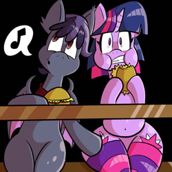 Size: 576x576 | Tagged: safe, artist:pembroke, character:twilight sparkle, oc, oc:gladiolus, species:pony, burger, butt boop, butt touch, clothing, cutie mark, female, food, hoof on butt, mare, molestation, personal space invasion, sitting, socks, striped socks, surprised, thighlight sparkle, thunder thighs, wide eyes