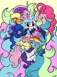 Size: 5400x7200 | Tagged: safe, artist:greyscaleart, character:applejack, character:fluttershy, character:pinkie pie, character:princess cadance, character:princess celestia, character:princess luna, character:rainbow dash, character:rarity, character:twilight sparkle, species:alicorn, species:earth pony, species:pegasus, species:pony, species:unicorn, absurd resolution, constellation freckles, cuddle puddle, cuddling, cute, cutedance, eyes closed, female, gang hape, greyscaleart is trying to murder us, group hug, hape, hug, long mane, looking at you, mane six, mare, messy mane, open mouth, personal space invasion, pony pile, royal sisters, smiling