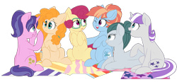 Size: 5797x2681 | Tagged: safe, artist:chub-wub, character:cloudy quartz, character:cookie crumbles, character:pear butter, character:posey shy, character:twilight velvet, character:windy whistles, species:earth pony, species:pegasus, species:pony, species:unicorn, adoraquartz, cute, female, looking at each other, mare, mats, mom six, one eye closed, pregnant, prone, raised hoof, simple background, sitting, smiling, transparent background, wink