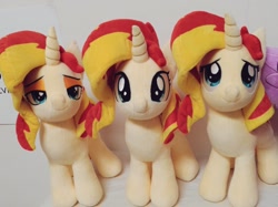 Size: 1024x767 | Tagged: safe, artist:nekokevin, character:sunset shimmer, species:pony, species:unicorn, bedroom eyes, cute, female, irl, looking at you, mare, multeity, photo, plushie, ponidox, self ponidox, shimmerbetes, shimmerstorm, smiling, triality, trio