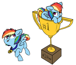 Size: 2357x2013 | Tagged: safe, artist:chub-wub, character:rainbow dash, species:pegasus, species:pony, blep, cup, cup of pony, cute, dashabetes, female, filly, filly rainbow dash, looking at you, looking back, mare, medal, micro, silly, simple background, solo, tongue out, transparent background, trophy, trotting, younger