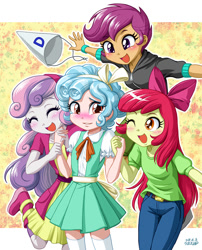 Size: 809x1000 | Tagged: safe, artist:uotapo, character:apple bloom, character:cozy glow, character:scootaloo, character:sweetie belle, species:pegasus, species:pony, episode:marks for effort, g4, my little pony: friendship is magic, my little pony:equestria girls, adorabloom, blushing, boots, bow, clothing, cozybetes, cute, cutealoo, cutie mark crusaders, dawwww, diasweetes, dress, dunce hat, equestria girls-ified, eyes closed, female, hair bow, hat, holding hands, jacket, one eye closed, open mouth, pants, quartet, shirt, shoes, skirt, teary eyes, uotapo is trying to murder us, wink