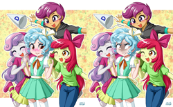 Size: 2399x1489 | Tagged: safe, alternate version, artist:uotapo, character:apple bloom, character:cozy glow, character:scootaloo, character:sweetie belle, species:pegasus, species:pony, episode:marks for effort, g4, my little pony: friendship is magic, my little pony:equestria girls, adorabloom, blushing, bow, clothing, comparison, cozy glow is best facemaker, cozybetes, crazy glow, cute, cutealoo, cutie mark crusaders, diasweetes, dunce hat, equestria girls-ified, eyes closed, hat, holding hands, one eye closed, pants, wink
