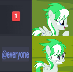 Size: 872x860 | Tagged: safe, artist:cyanlightning, oc, oc:emerald lightning, species:pegasus, species:pony, @everyone, angry, discord (software), female, filly, meme, open mouth, reaction image, smiling, solo