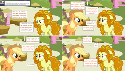 Size: 2564x1444 | Tagged: safe, artist:hakunohamikage, character:adagio dazzle, character:applejack, species:earth pony, species:pony, ask-princesssparkle, ask, comic, ponified, tumblr