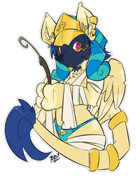 Size: 2442x3178 | Tagged: safe, artist:bbsartboutique, oc, oc:shesta, species:sphinx, anubis, bandage, blue underwear, clothing, ear piercing, earring, egyptian, egyptian pony, embalming tools, eye of horus, flat color, gold, grey matter-removal tools, jackal, jackal mask, jewelry, leonine tail, mask, mummy, nemes headdress, panties, piercing, ring, signature, simple background, sphinx oc, striped underwear, transparent background, underwear