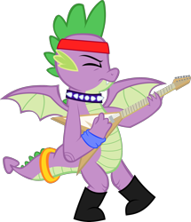 Size: 2791x3246 | Tagged: safe, artist:red4567, character:spike, species:dragon, boots, collar, electric guitar, eyes closed, guitar, guitarity, headband, male, older, older spike, rocker, shoes, simple background, solo, tail ring, teenage spike, teenaged dragon, teenager, transparent background, vector, winged spike