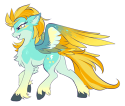 Size: 1093x926 | Tagged: safe, artist:hioshiru, character:lightning dust, species:pegasus, species:pony, alternate design, alternate hairstyle, chest fluff, colored wings, colored wingtips, ear fluff, explicit source, female, mare, redesign, side view, simple background, smiling, solo, unshorn fetlocks, white background