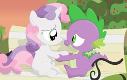 Size: 1123x711 | Tagged: safe, artist:porygon2z, character:spike, character:sweetie belle, ship:spikebelle, apple tree, bench, cute, diasweetes, female, male, shipping, spikabetes, straight, tree