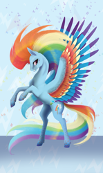 Size: 1280x2148 | Tagged: safe, artist:oneiria-fylakas, character:rainbow dash, species:pegasus, species:pony, colored wings, female, mare, multicolored wings, rainbow power, rainbow wings, rearing, solo, spread wings, wings