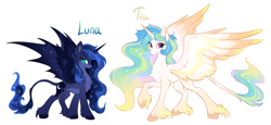 Size: 2280x1052 | Tagged: safe, artist:hioshiru, character:princess celestia, character:princess luna, species:alicorn, species:bat pony, species:pony, :o, alternate design, bat pony alicorn, bat wings, cheek fluff, chest fluff, colored hooves, colored wings, colored wingtips, constellation, cute, cutelestia, duo, ear fluff, ethereal mane, female, fluffy, galaxy mane, hybrid wings, leg fluff, leonine tail, lidded eyes, long mane, looking at you, mare, messy mane, missing accessory, open mouth, raised hoof, redesign, royal sisters, simple background, sisters, slit eyes, smiling, spread wings, starry wings, unshorn fetlocks, white background, wing fluff, wings
