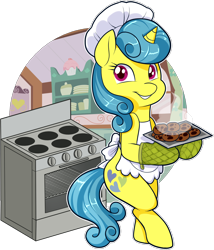 Size: 1470x1717 | Tagged: safe, artist:xwhitedreamsx, character:lemon hearts, species:pony, species:unicorn, apron, baking, clothing, cookie, cute, female, food, mare, oven, oven mitts, simple background, smiling, solo, transparent background