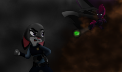 Size: 4000x2348 | Tagged: safe, artist:ejlightning007arts, character:tempest shadow, species:pony, species:rabbit, species:unicorn, my little pony: the movie (2017), action, action pose, airship, crossover, epic, fanart, female, fight, judy hopps, obsidian orb, police, police officer, police uniform, storm, zootopia