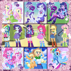 Size: 2048x2048 | Tagged: safe, artist:uotapo, edit, character:angel bunny, character:applejack, character:fluttershy, character:pinkie pie, character:rainbow dash, character:rarity, character:spike, character:twilight sparkle, character:twilight sparkle (alicorn), species:alicorn, species:dog, species:dragon, species:pony, species:rabbit, ship:sparity, my little pony:equestria girls, angel, animal costume, anime style, awesome, back to back, backpack, blushing, boots, bunny costume, cherry blossoms, clothing, confetti, costume, cute, dashabetes, doggy dragondox, eqg promo pose set, female, flower, flower blossom, hat, high heel boots, human ponidox, humane five, humane six, logo, looking at you, male, mane seven, mane six, my little pony, my little pony logo, party hat, ponidox, self paradox, self ponidox, shipping, shoes, shyabetes, skirt, socks, spike the dog, spread wings, square crossover, straight, uotapo is trying to murder us, wings