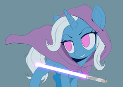 Size: 1024x725 | Tagged: safe, artist:grissaecrim, character:trixie, species:pony, species:unicorn, cape, clothing, crossover, female, lightsaber, mare, simple background, solo, star wars, weapon