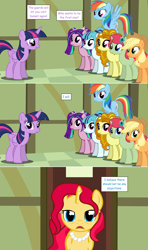 Size: 1280x2168 | Tagged: safe, artist:hakunohamikage, character:adagio dazzle, character:applejack, character:aria blaze, character:rainbow dash, character:sonata dusk, character:twilight sparkle, character:twilight sparkle (alicorn), oc, oc:autumn shimmer, oc:garnet, species:alicorn, species:pony, species:unicorn, ask-princesssparkle, comic, female, mare, ponified, the dazzlings